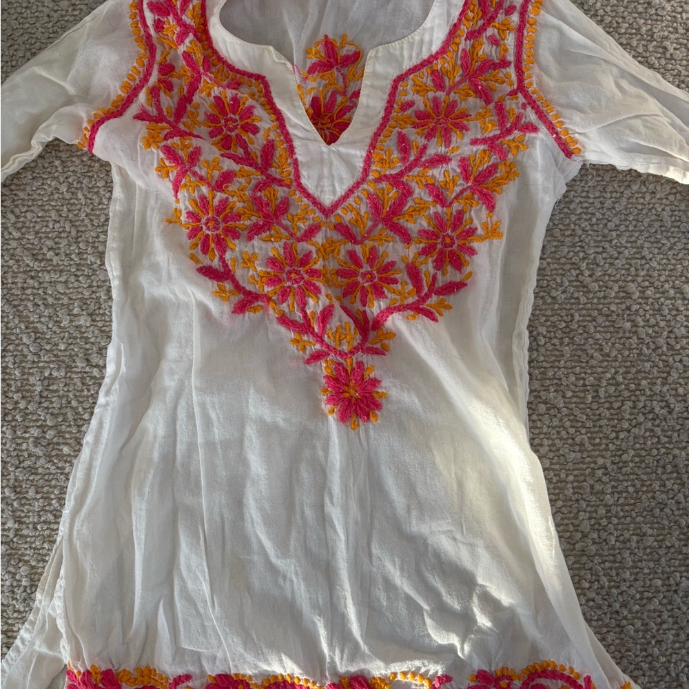 White Toddler Tunic with Pink and Orange Embroidery